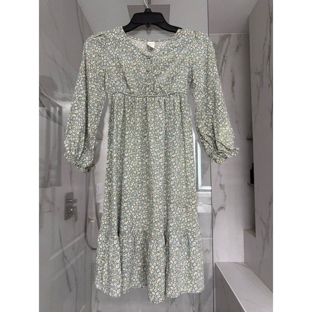 Girls Green & Blue Ditsy Floral Long Sleeve Challis Prairie Dress Sz 7/8 yrs